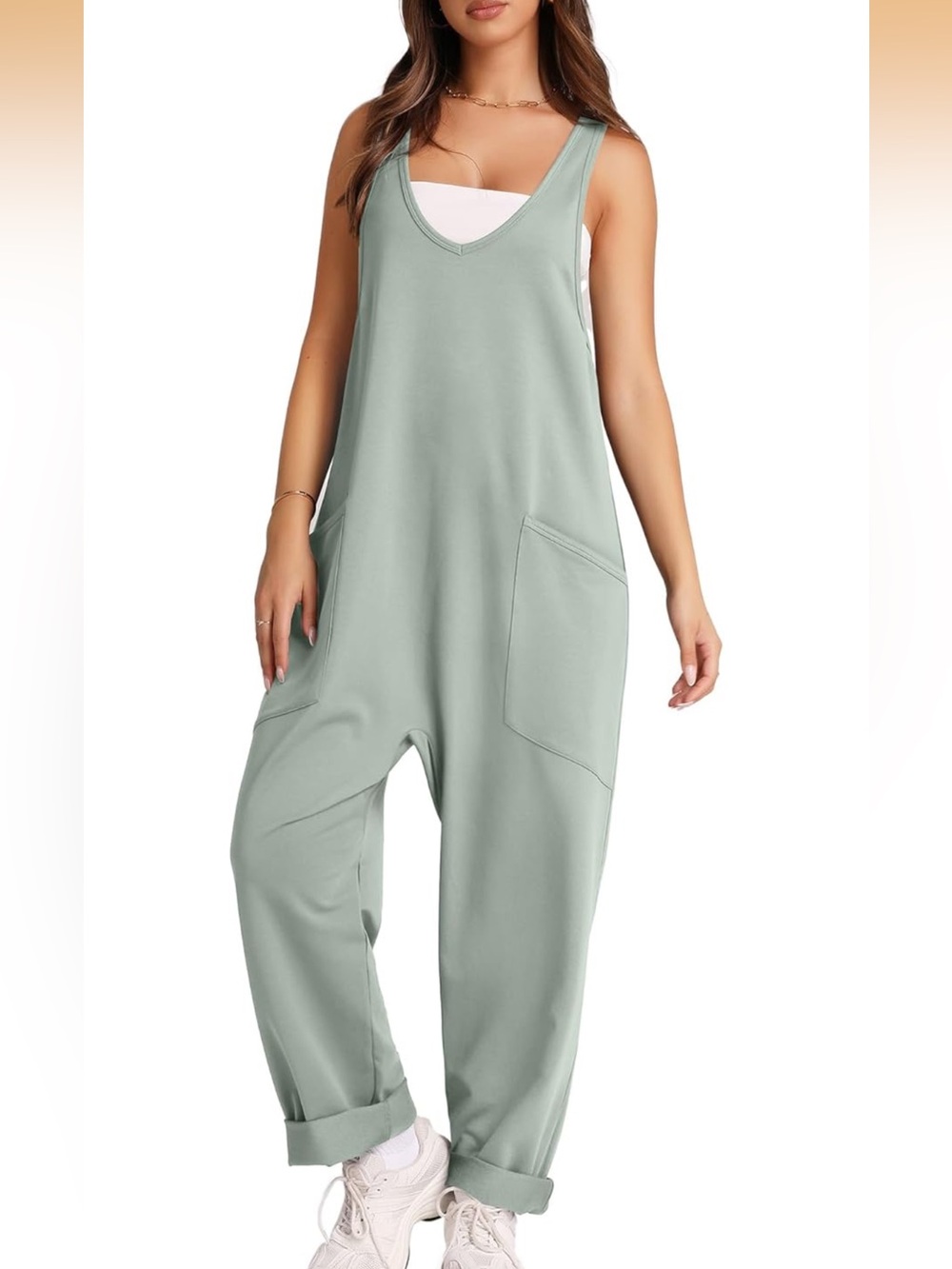 Relaxed Sage Green V-Neck Jumpsuit Size M